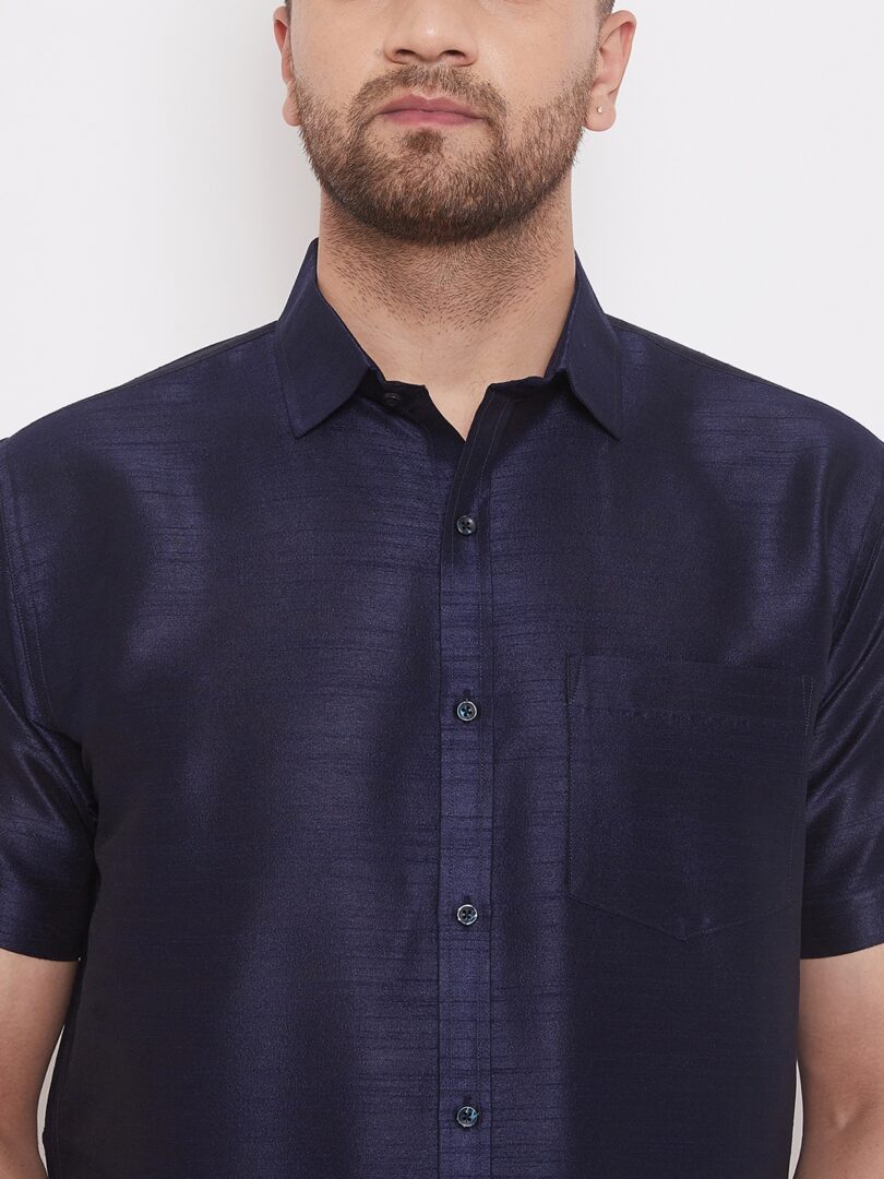 Men's Navy Blue and White Silk Blend Shirt And Mundu