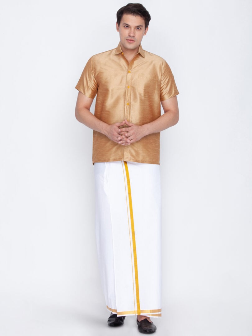 Men's Rose Gold and White Silk Blend Shirt And Mundu