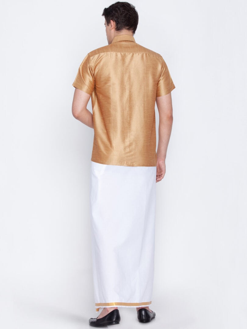 Men's Rose Gold and White Silk Blend Shirt And Mundu