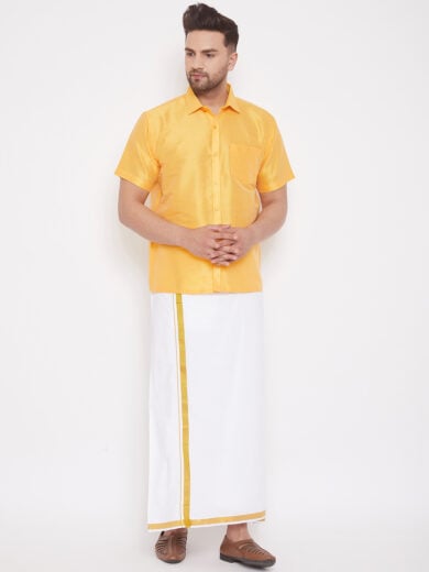 Men's Yellow and White Silk Blend Shirt And Mundu