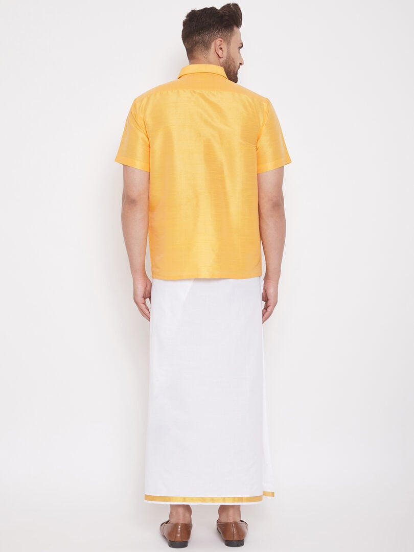 Men's Yellow and White Silk Blend Shirt And Mundu