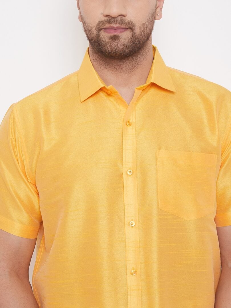 Men's Yellow and White Silk Blend Shirt And Mundu