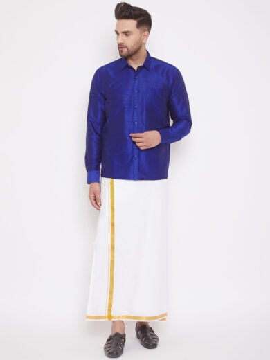 Men's Blue and White Silk Blend Shirt And Mundu