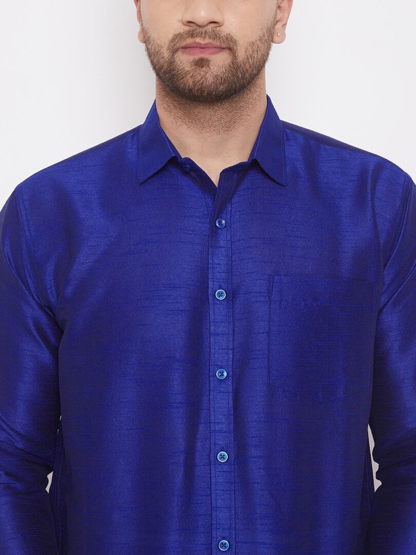 Men's Blue and White Silk Blend Shirt And Mundu