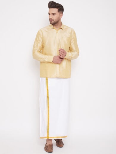 Men's Gold and White Silk Blend Shirt And Mundu