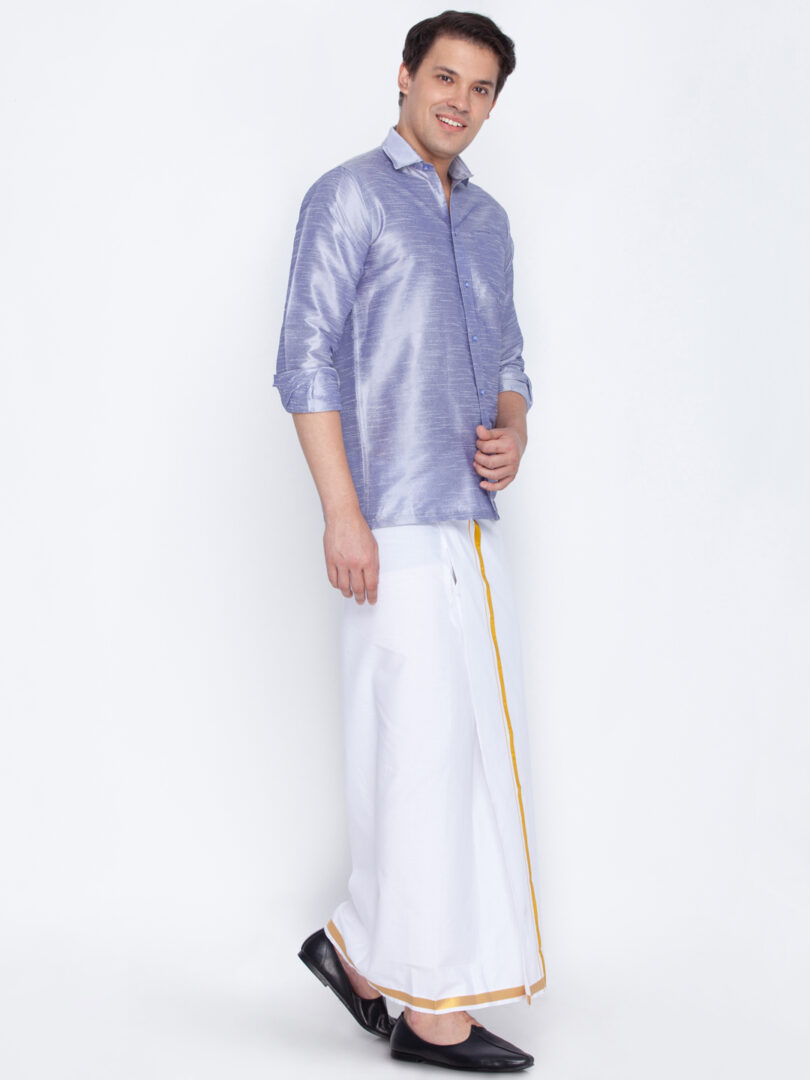 Men's Lavander and White Silk Blend Shirt And Mundu
