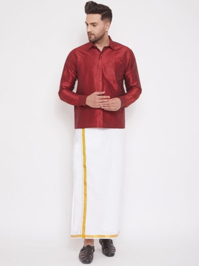Men's Maroon and White Silk Blend Shirt And Mundu