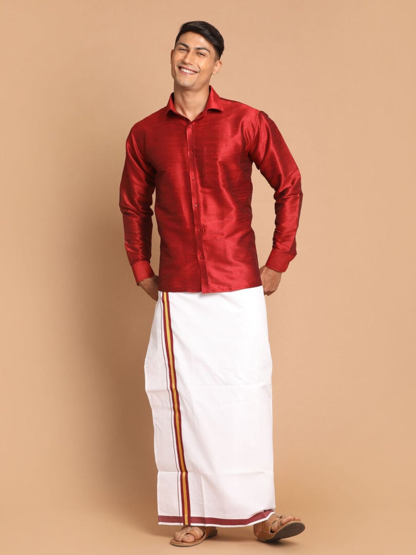 Men's Maroon And White Silk Blend Shirt And Mundu