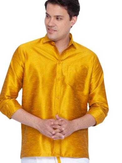 Men's Yellow Silk Blend Ethnic Shirt