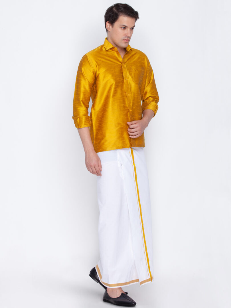 Men's Mustard and White Silk Blend Shirt And Mundu