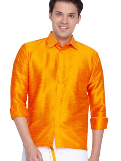 Men's Orange Silk Blend Ethnic Shirt