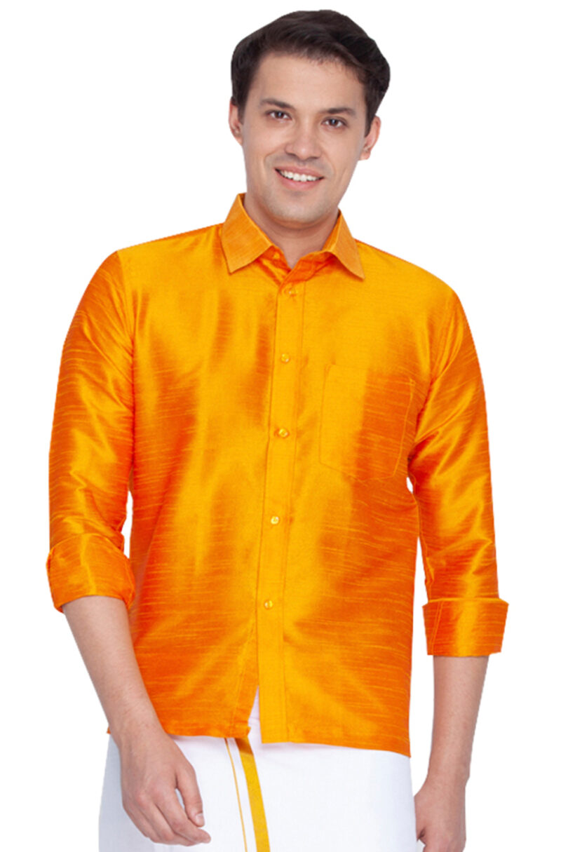 Men's Orange Silk Blend Ethnic Shirt