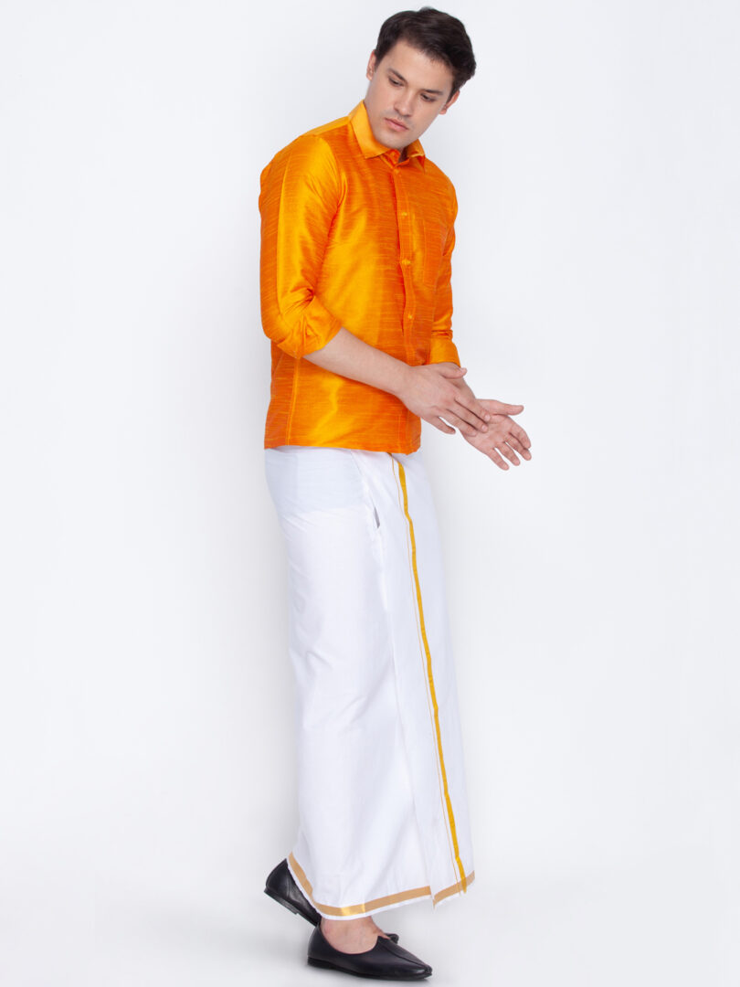 Men's Orange and White Silk Blend Shirt And Mundu