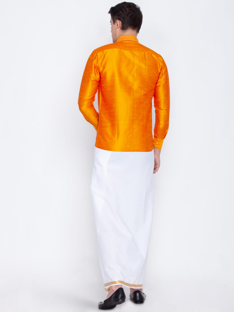 Men's Orange and White Silk Blend Shirt And Mundu