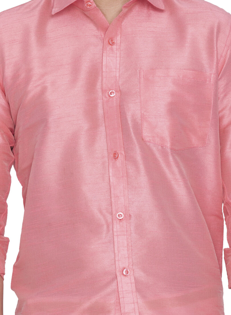 Men's Pink and White Silk Blend Shirt And Mundu