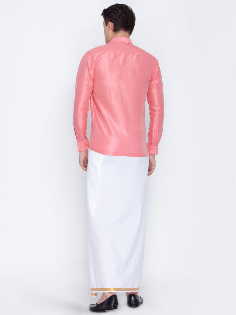 Men's Pink and White Silk Blend Shirt And Mundu