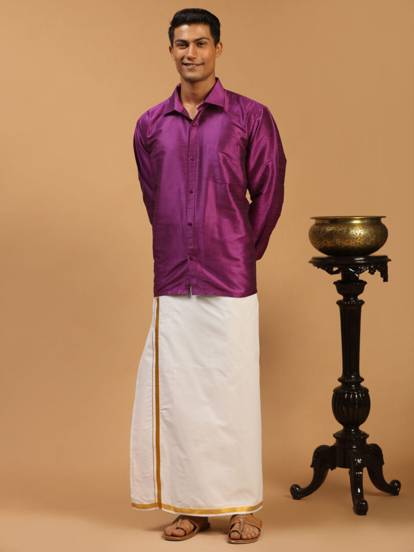 Men's Purple And White Silk Blend Shirt And Mundu