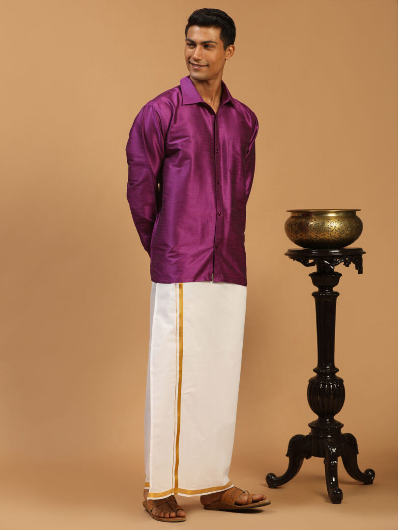 Men's Purple And White Silk Blend Shirt And Mundu