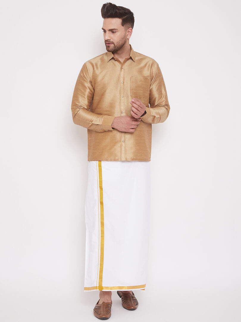 Men's Rose Gold and White Silk Blend Shirt And Mundu