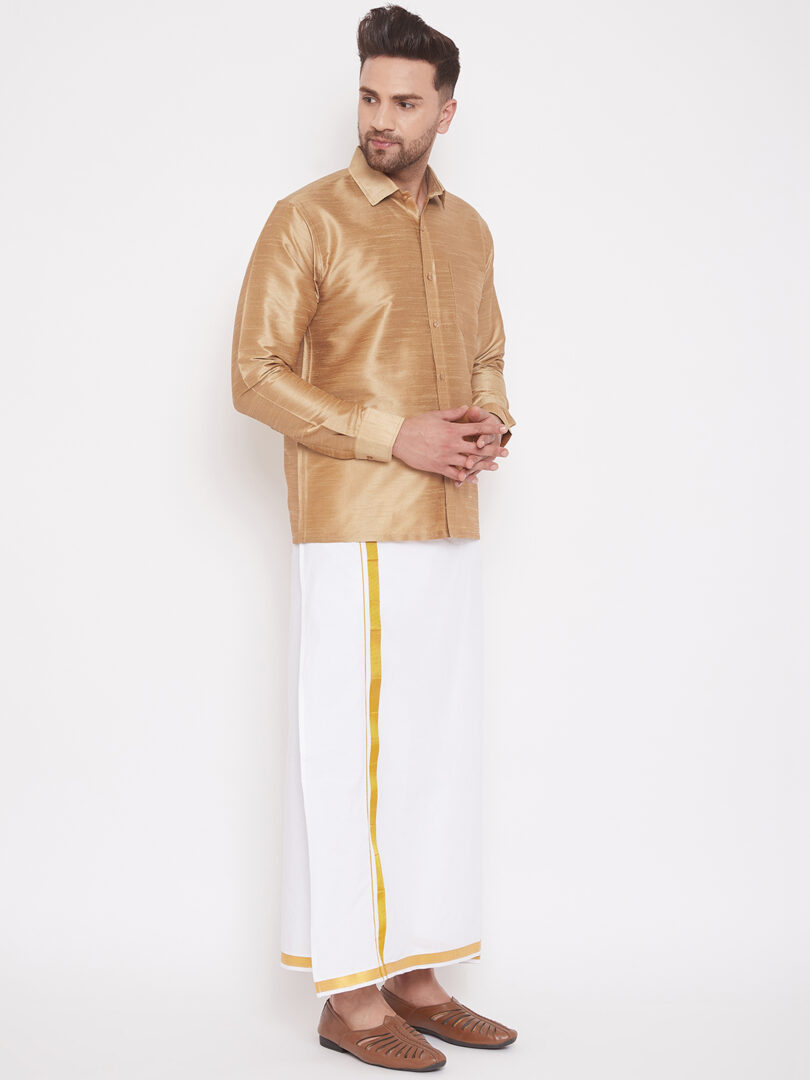 Men's Rose Gold and White Silk Blend Shirt And Mundu