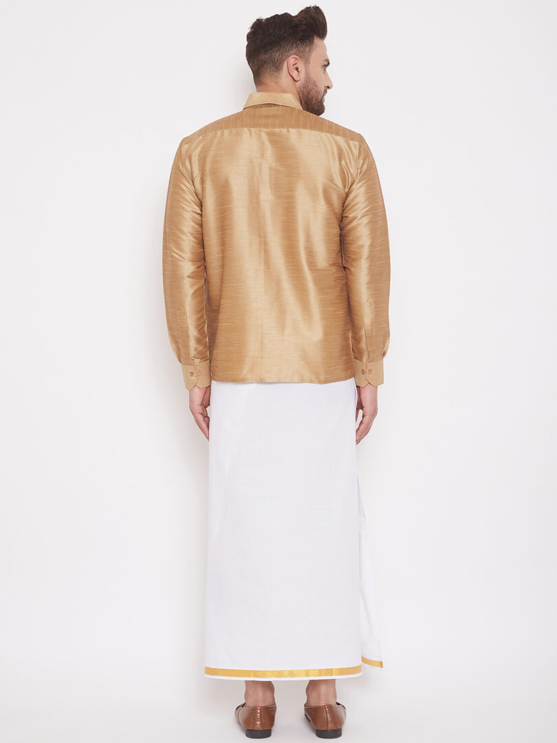 Men's Rose Gold and White Silk Blend Shirt And Mundu