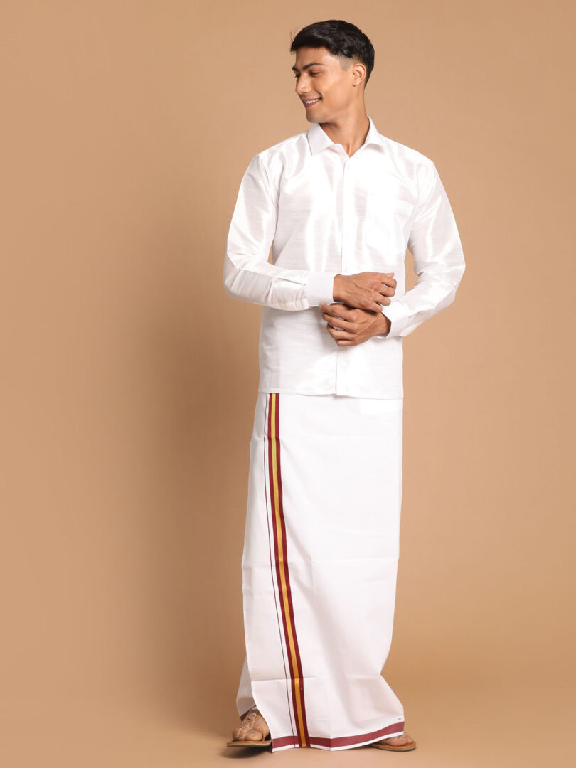 Men's White Silk Blend Shirt And Mundu