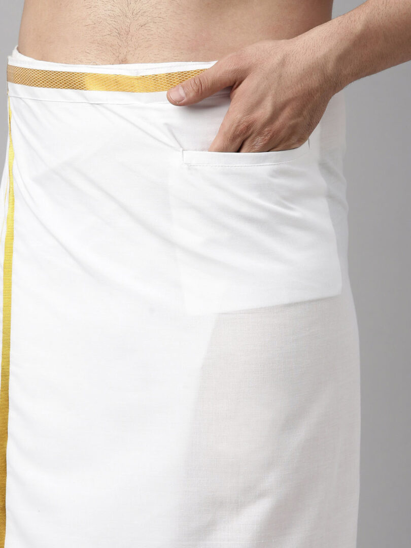 Men's Multicolor-Base-Beige And White Muslin Blend Shirt And Mundu