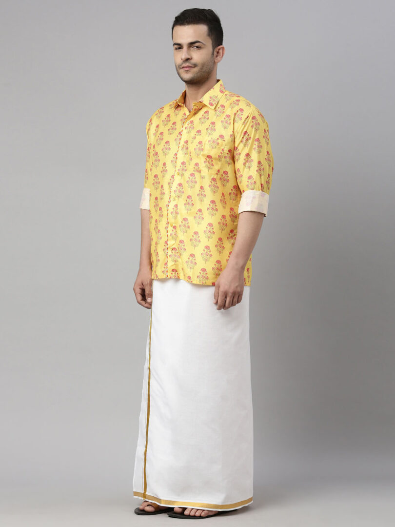 Men's Multicolor-Base-Mustard And White Muslin Blend Shirt And Mundu