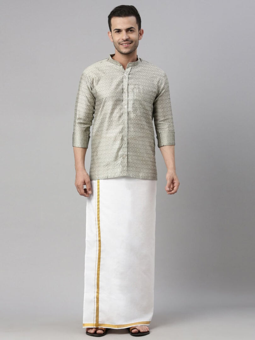 Men's Beige Silk Blend Ethnic Shirt And Mundu Set