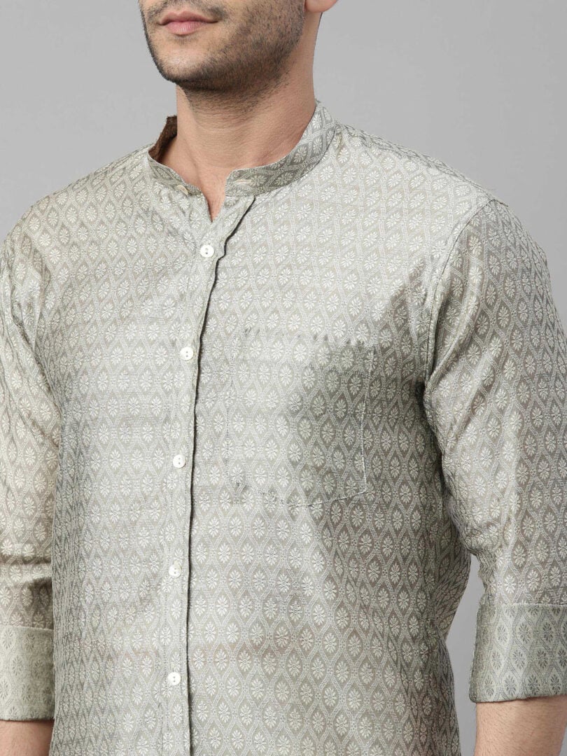 Men's Beige Silk Blend Ethnic Shirt And Mundu Set
