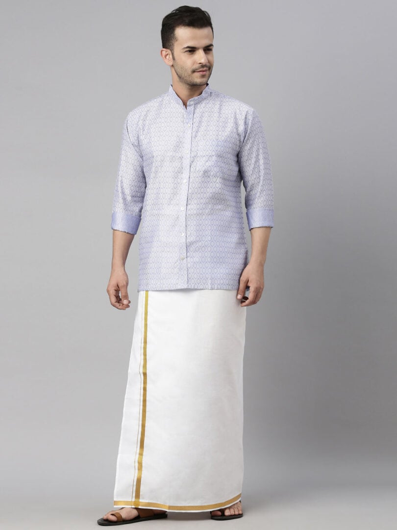 Men's Lavender Blue Silk Blend Ethnic Shirt And Mundu Set