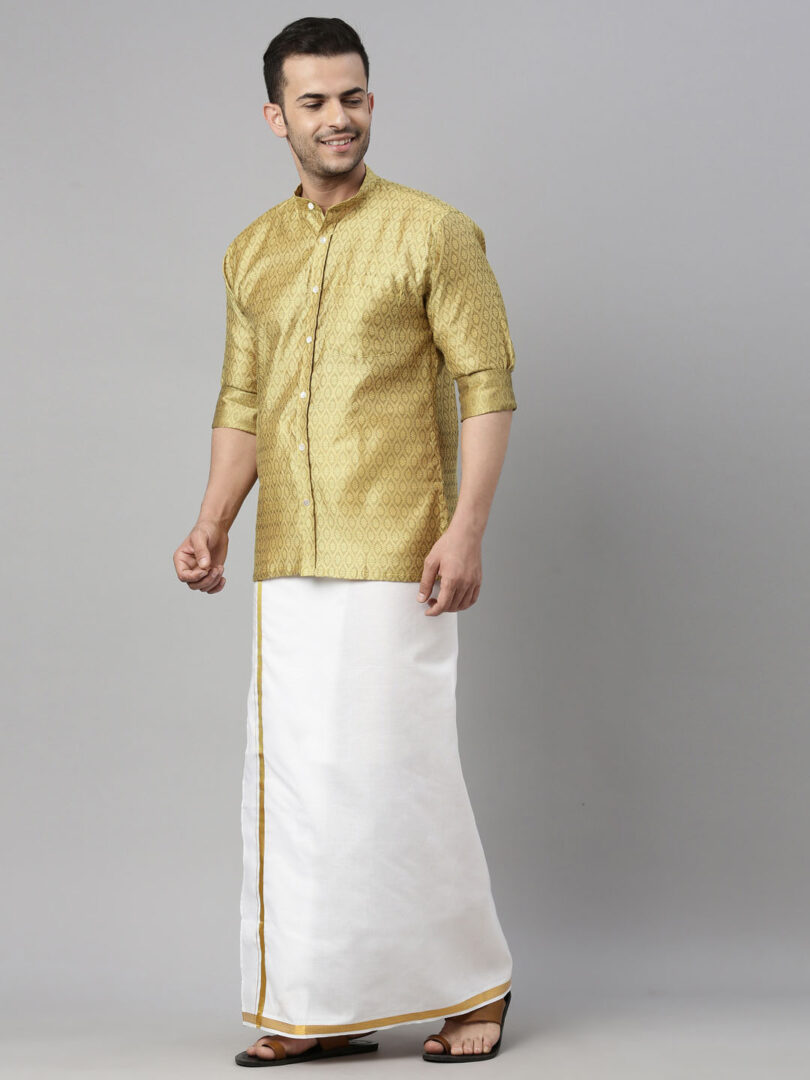 Men's Mustard Yellow Silk Blend Ethnic Shirt And Mundu Set