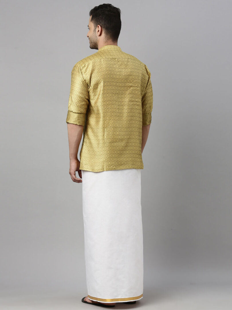 Men's Mustard Yellow Silk Blend Ethnic Shirt And Mundu Set