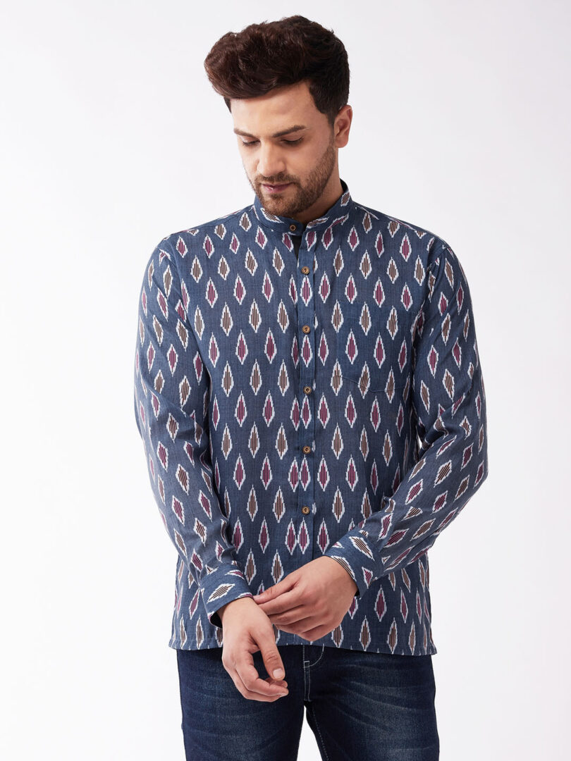 Men's Multicolor-Base-Grey Cotton Blend Ethnic Shirt