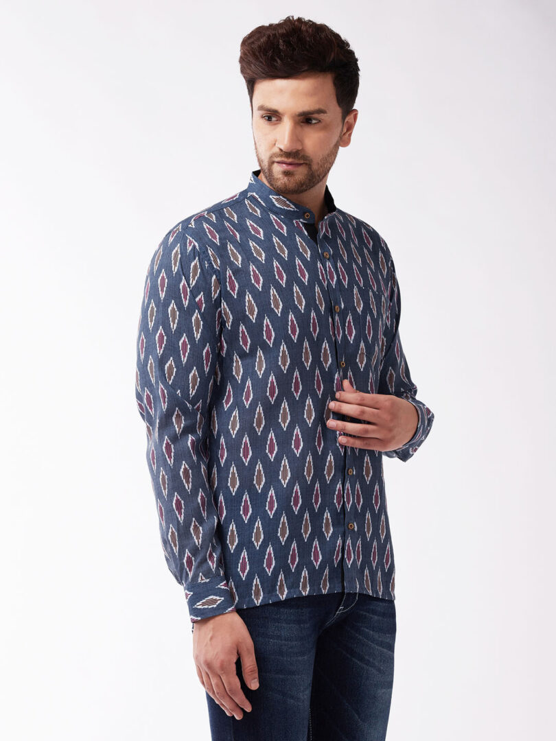 Men's Multicolor-Base-Grey Cotton Blend Ethnic Shirt