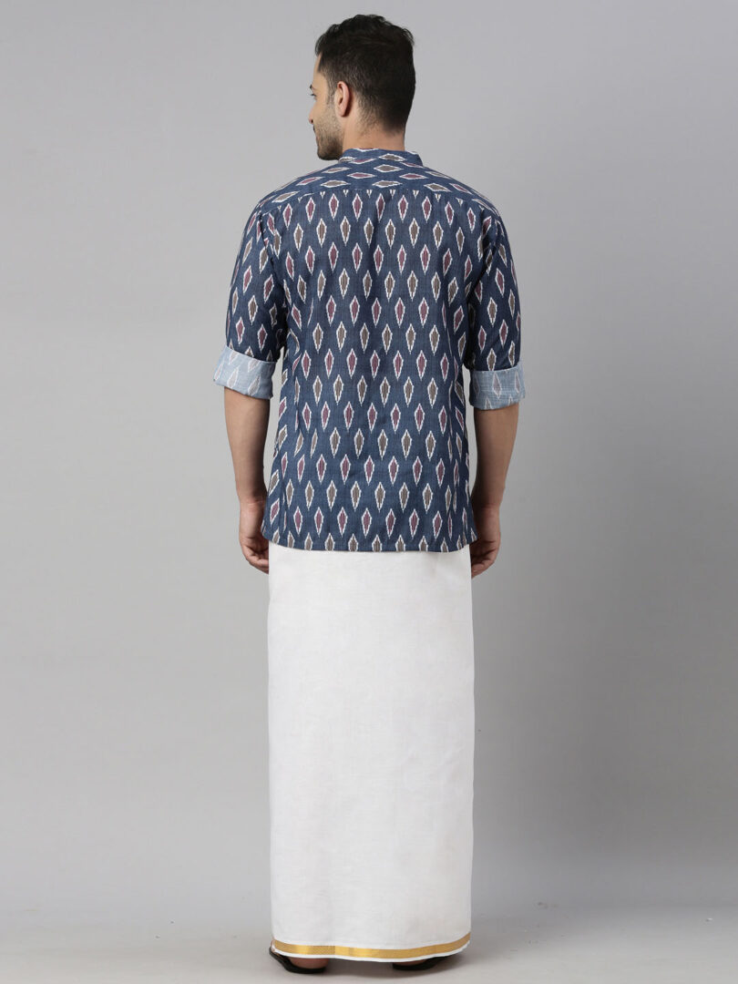 Men's Multicolor-Base-Grey Cotton Blend Ethnic Shirt And Mundu Set