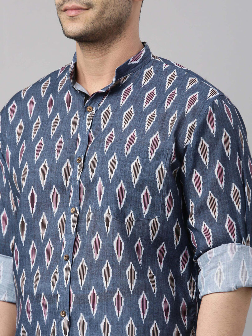 Men's Multicolor-Base-Grey Cotton Blend Ethnic Shirt And Mundu Set