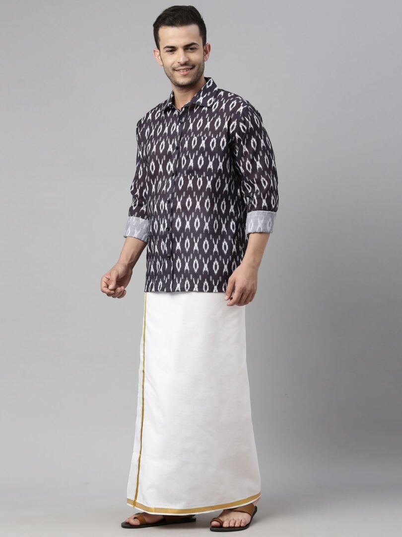 Men's Black Cotton Blend Ethnic Shirt And Mundu Set