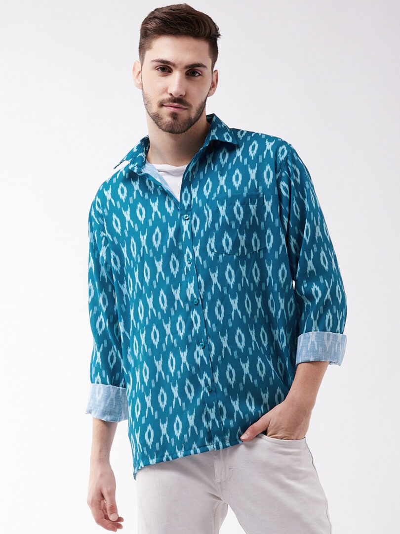 Men's Turquoise Cotton Blend Ethnic Shirt