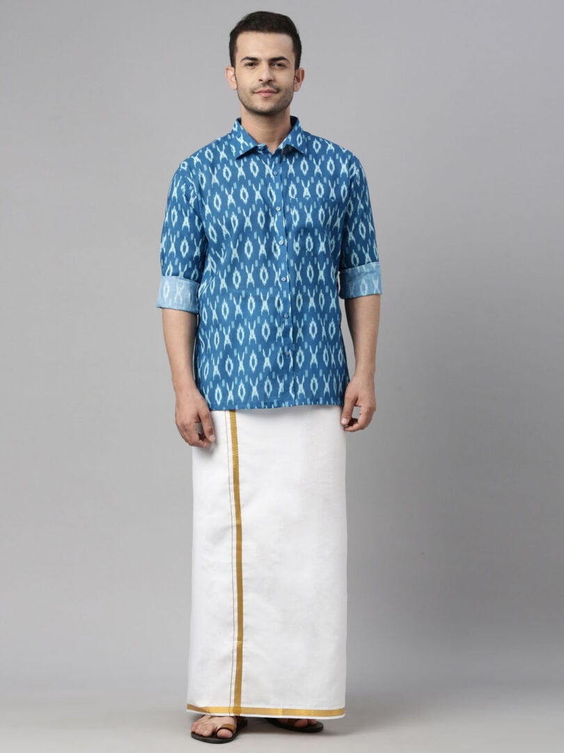 Men's Turquoise Cotton Blend Ethnic Shirt And Mundu Set