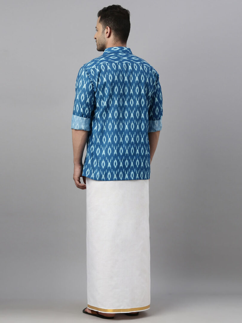 Men's Turquoise Cotton Blend Ethnic Shirt And Mundu Set