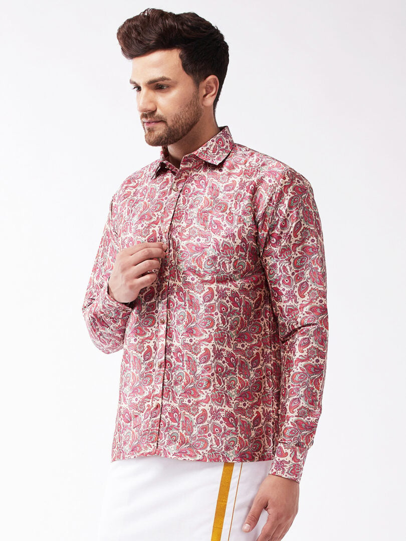 Men's Multicolor-Base-Pink Silk Blend Ethnic Shirt