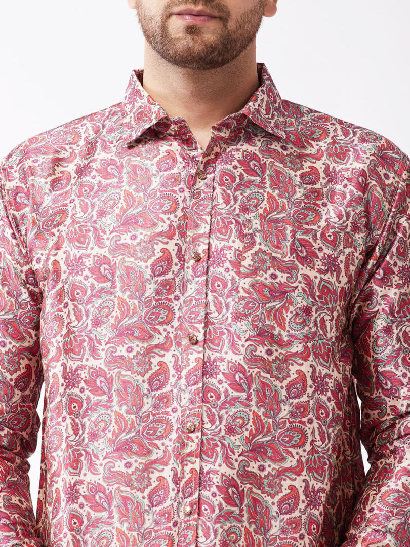 Men's Multicolor-Base-Pink Silk Blend Ethnic Shirt