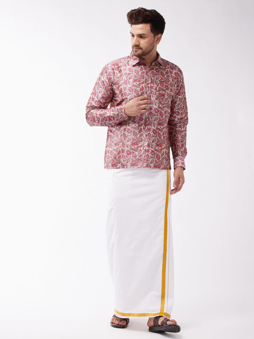 Men's Multicolor-Base-Pink And White Silk Blend Shirt And Mundu