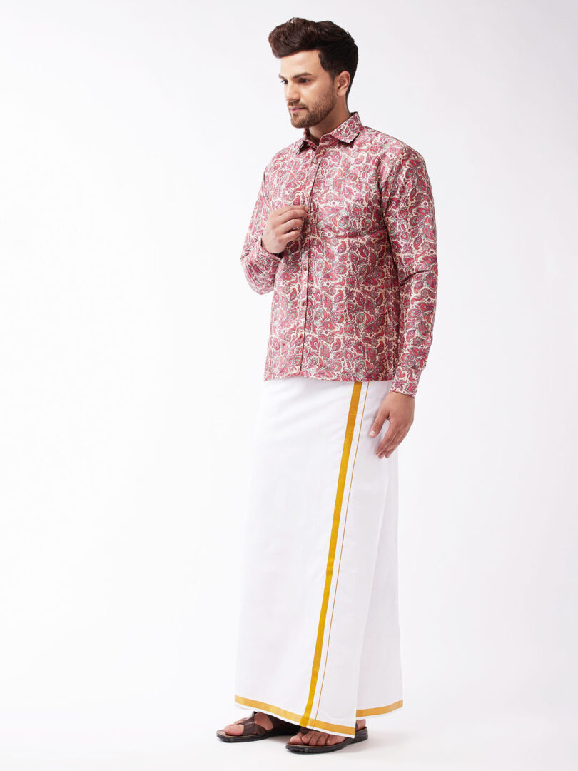 Men's Multicolor-Base-Pink And White Silk Blend Shirt And Mundu