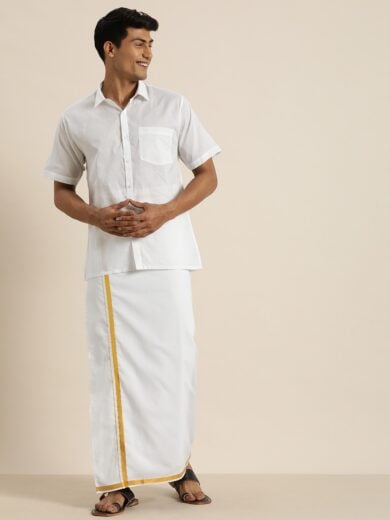 Men's White And White Pure Cotton Shirt And Mundu