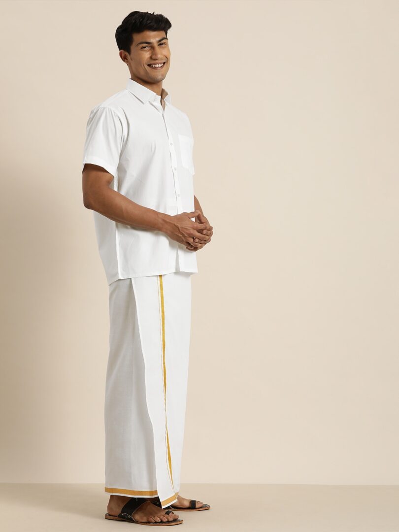 Men's White And White Pure Cotton Shirt And Mundu