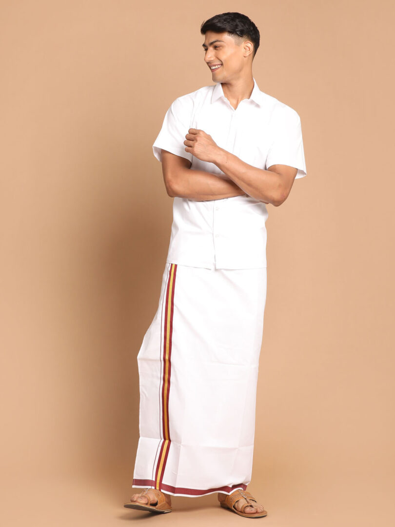Men's White Pure Cotton Shirt And Mundu