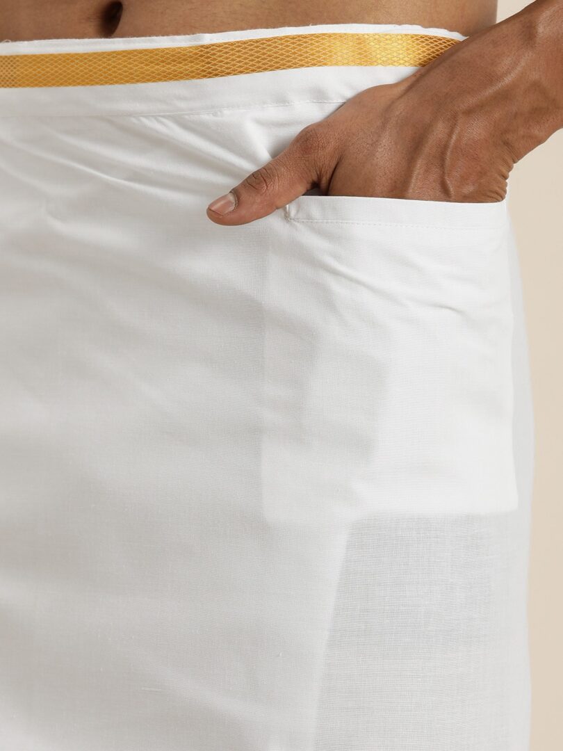 Men's White And White Pure Cotton Shirt And Mundu