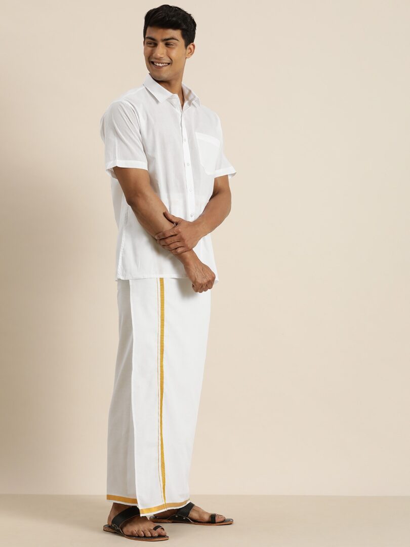 Men's White And White Pure Cotton Shirt And Mundu